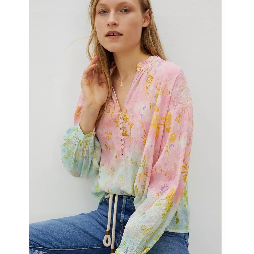 Pilcro The Tavi Watercolor Floral Crinkle Gauze Boho Blouse Medium